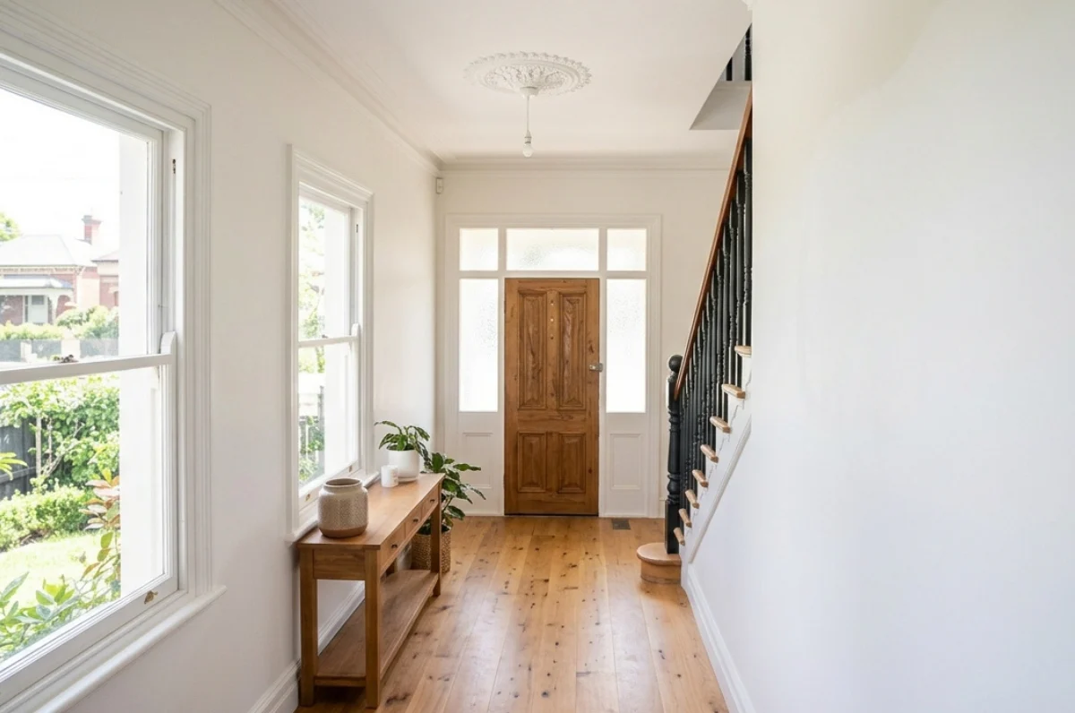 Bright residential hallway with wooden floors leading to a front door and staircase.